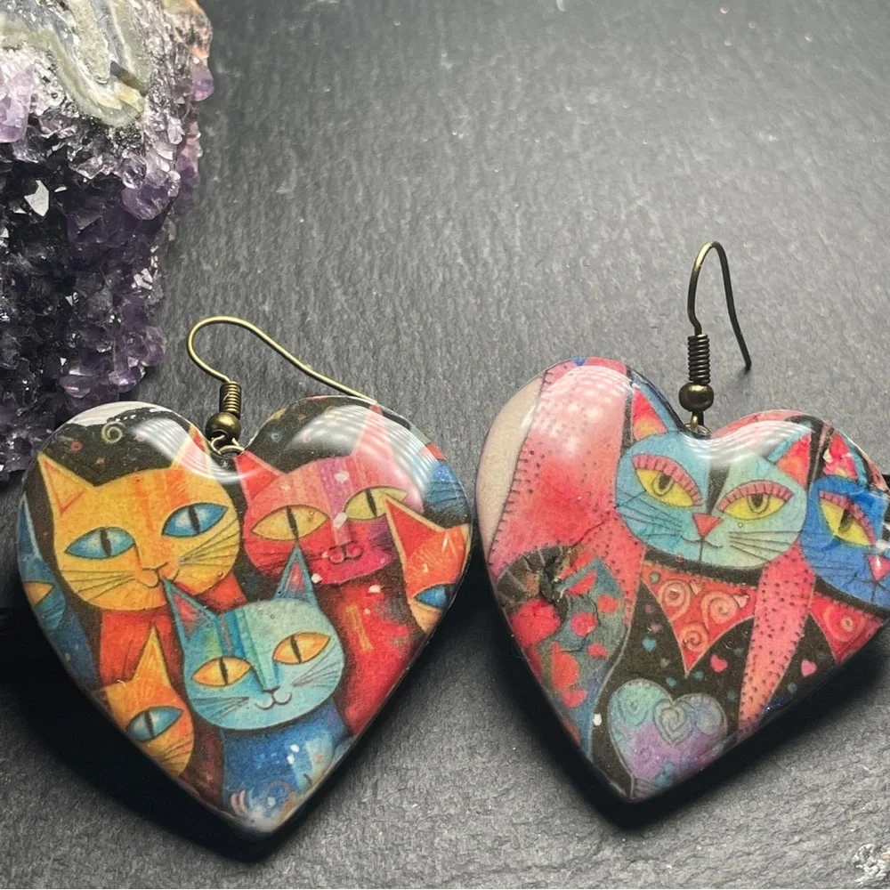 Laurel Burch Inspired Colorful Cat Heart Handmade Clay Earrings